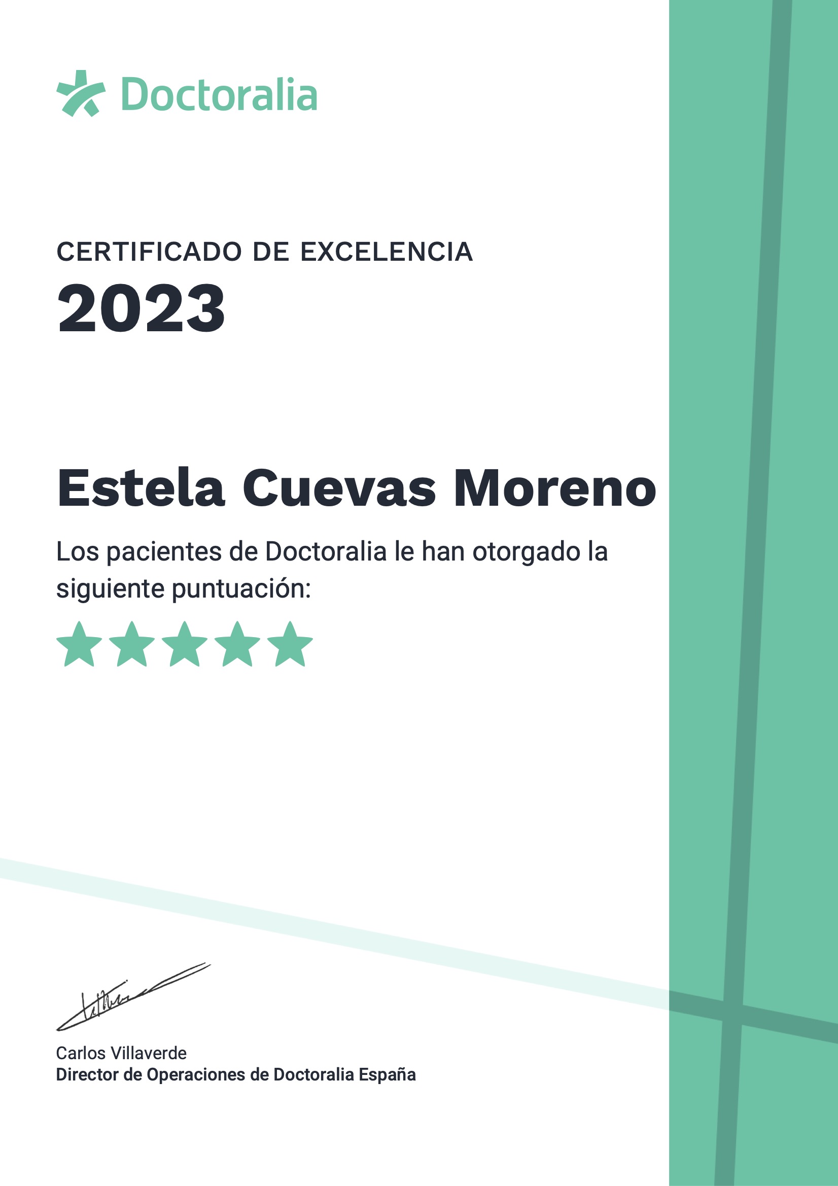 2023 certifica excelencia Doctoralia Estela Cuevas