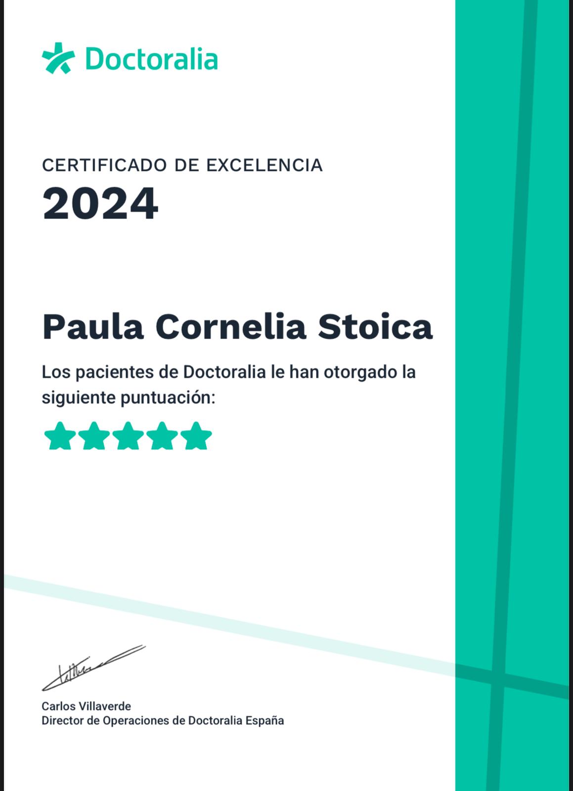 Certificado de Excelencia Doctoralia 2024 otorgado a Paula Stoica por su destacada labor 