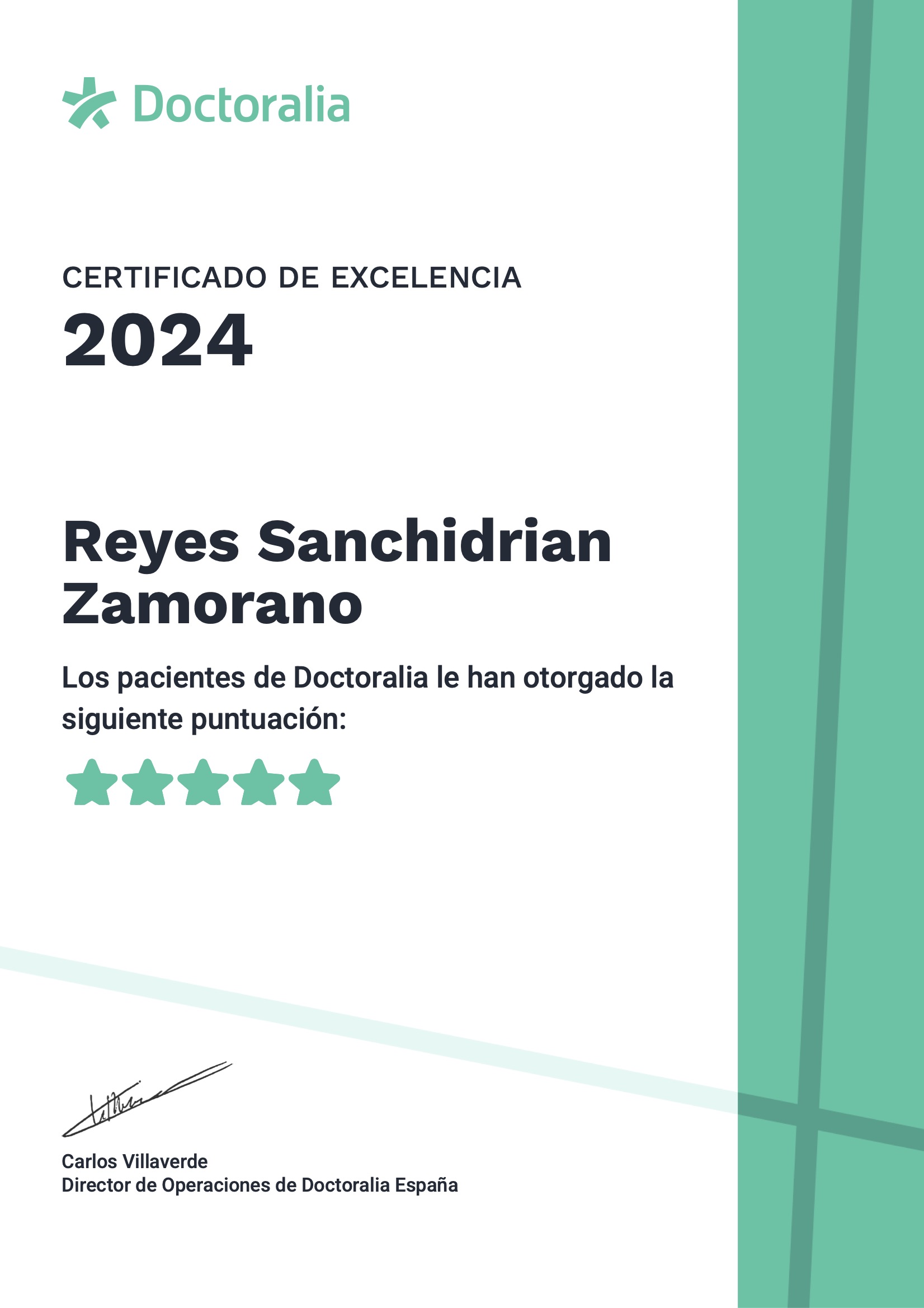 2024-Certificado-Doctoralia-Reyes-Sanchidrian Certificado de Doctoralia que reconoce a Reyes Sanchidrián como psicóloga infantil destacada.<br />