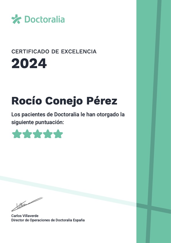 Certificado de Excelencia Doctoralia 2024 otorgado a Rocio Conejo por su destacada labor en Psicología