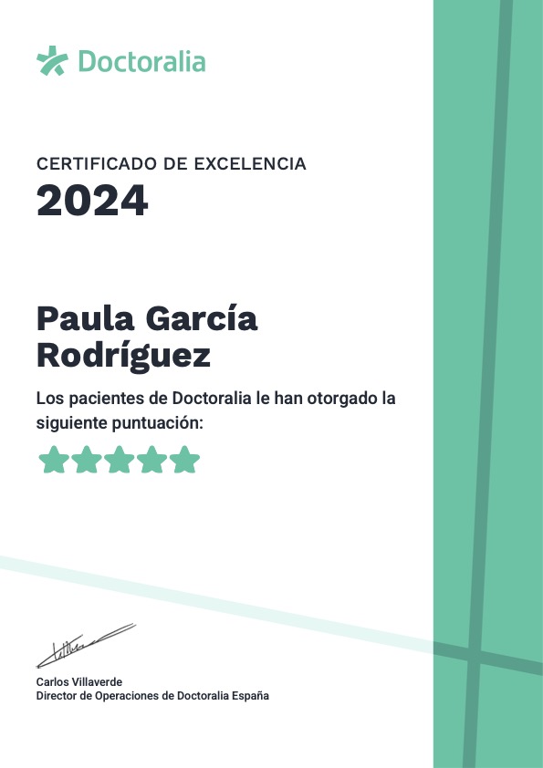 Certificado-Excelencia-2024-Paula-García Certificado de Excelencia Doctoralia 2024 otorgado a Paula García por su destacada labor en Psicología