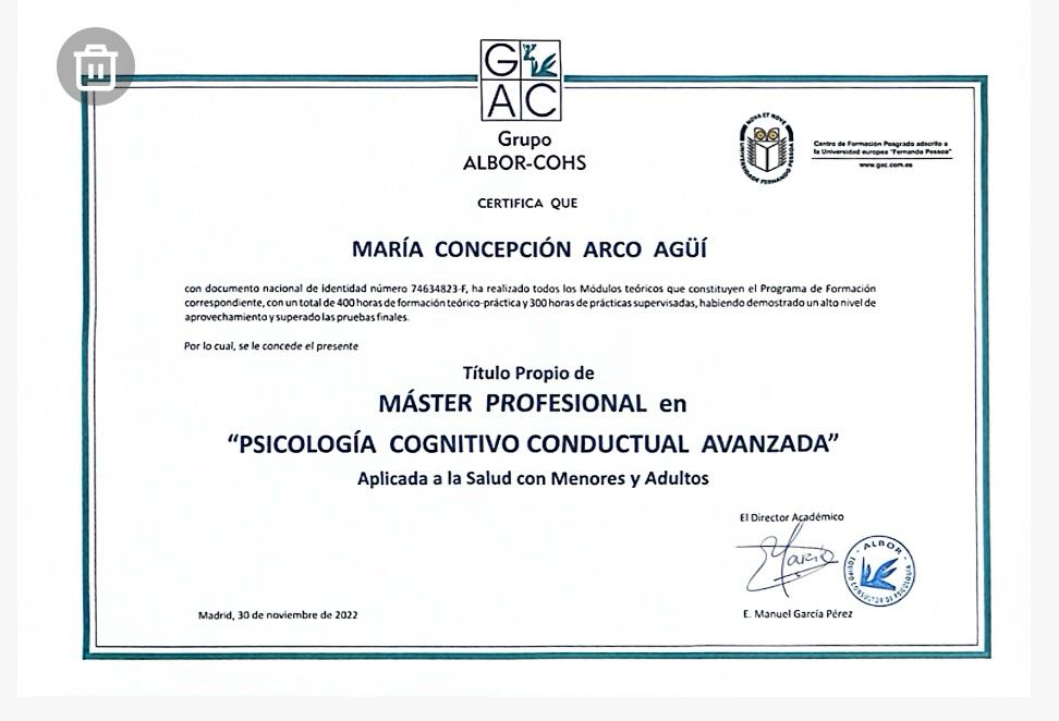 Máster-Psicoterapia-Cognitiva-Conductual-Avanzada-Concha-Arco Título de Máster Profesional en Psicología Cognitivo Conductual Avanzada por la Universidad Europea