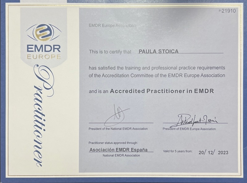 Paula-Stoica-Asociación-EMDR-Europa Certificado de Acreditación como Practicante de EMDR otorgado a Paula Stoica por la Asociación EMDR Europa