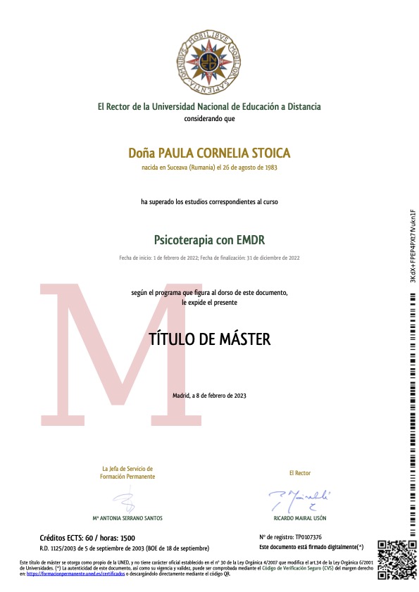 Paula-StoicaTítulo-Máster-EMDR Título de Máster en Psicoterapia con EMDR obtenido por Paula Cornelia Stoica en la Universidad Nacional de Educación a Distancia.