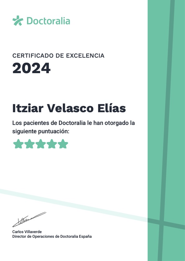 Certificado-Excelencia-2024-Itziar-Velasco Certificado de Excelencia Doctoralia 2024 otorgado a Itziar Velasco por su destacada labor en Psicología