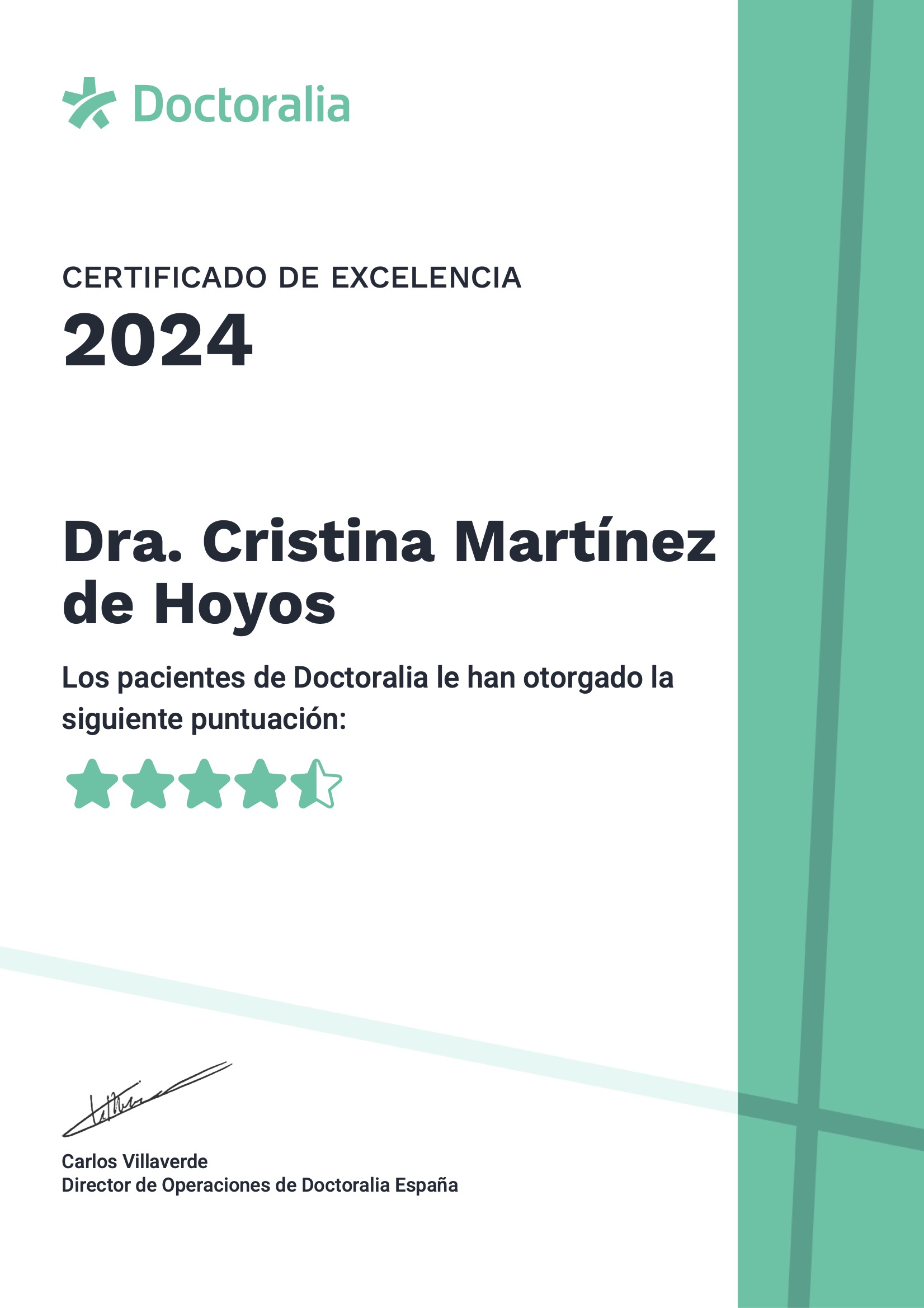 Certificado-Excelencia-2024- Cristina-Martínez-Hoyos Certificado de Excelencia Doctoralia 2024 otorgado a Cristina Martínez de Hoyos por su destacada labor en Psiquiatría
