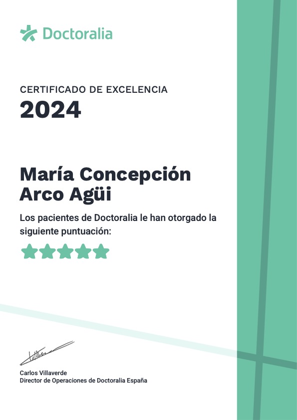 Certificado de Excelencia Doctoralia 2024 otorgado a Concha Arco por su destacada labor en Psicología
