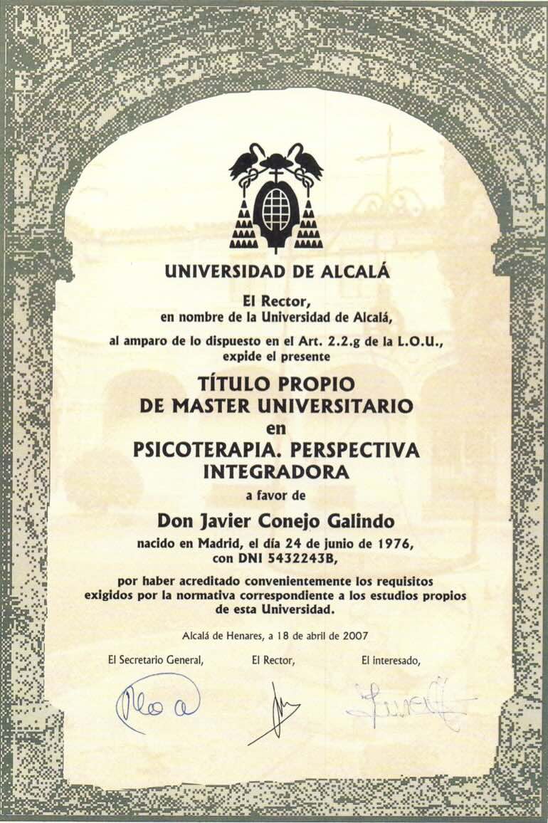 Máster-Psicoterapia-UAH-Javier Título de Máster Universitario en Psicoterapia con Perspectiva Integradora obtenido por Javier Conejo Galindo en la Universidad de Alcalá.