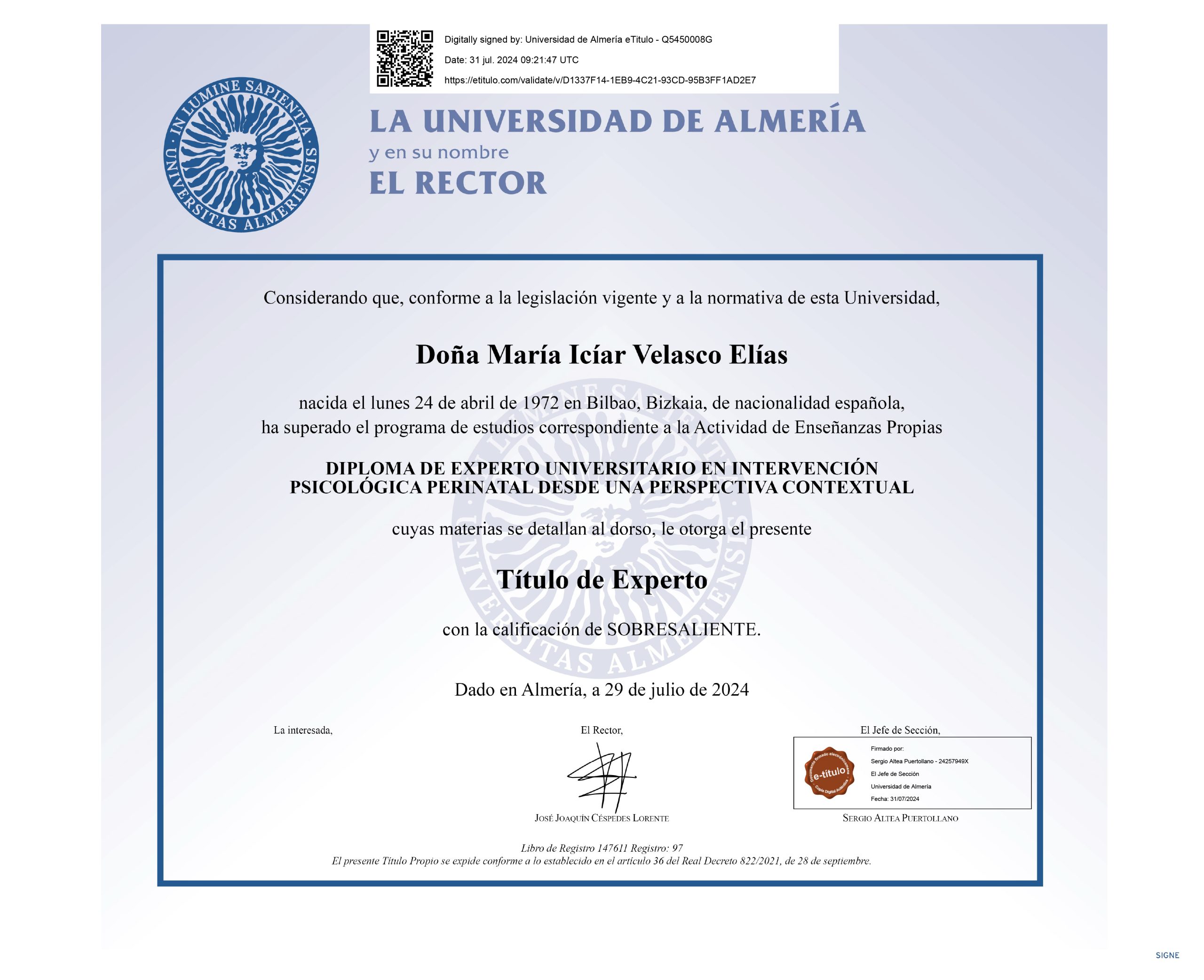 Diploma de Experto Universitario Psicolo gía Perinatal_Universidad de Almería.jpg Diploma de Experto Universitario en Intervención Psicológica Perinatal.