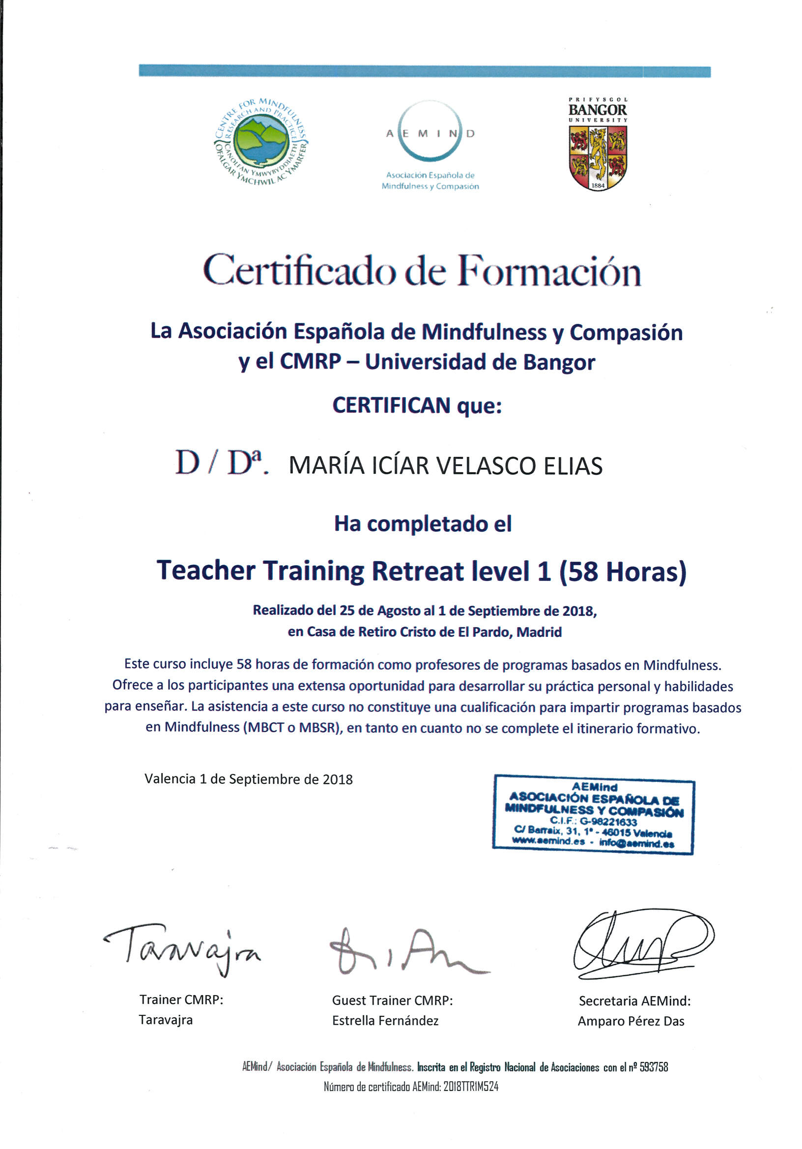 Itziar-Mindfulness-titulo-Alcalá Título de Formación en Mindfulness y Compasión de la Asociación Española de Mindfulness y Compasión y la Universidad de Bangor