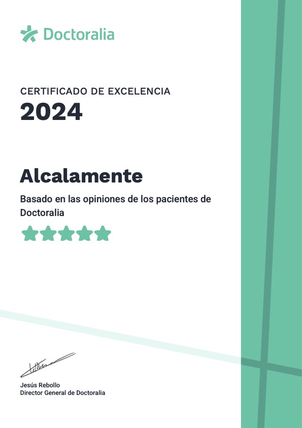 certificado-de-excelencia-alcalamente-2024 El Certificado de Excelencia Doctoralia 2024 reconoce la excelencia profesional de Alcalamente en el campo de la Psiquiatría y Psicologia