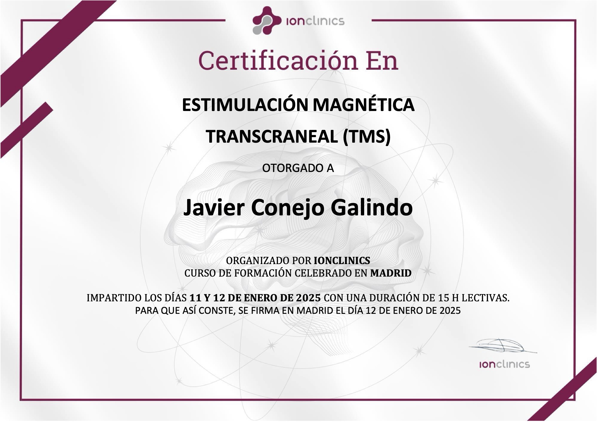 curso-tms-madrid-javier-conejo-galindo-ionclinics Certificación TMS Javier Conejo Galindo por ionclinics Madrid.