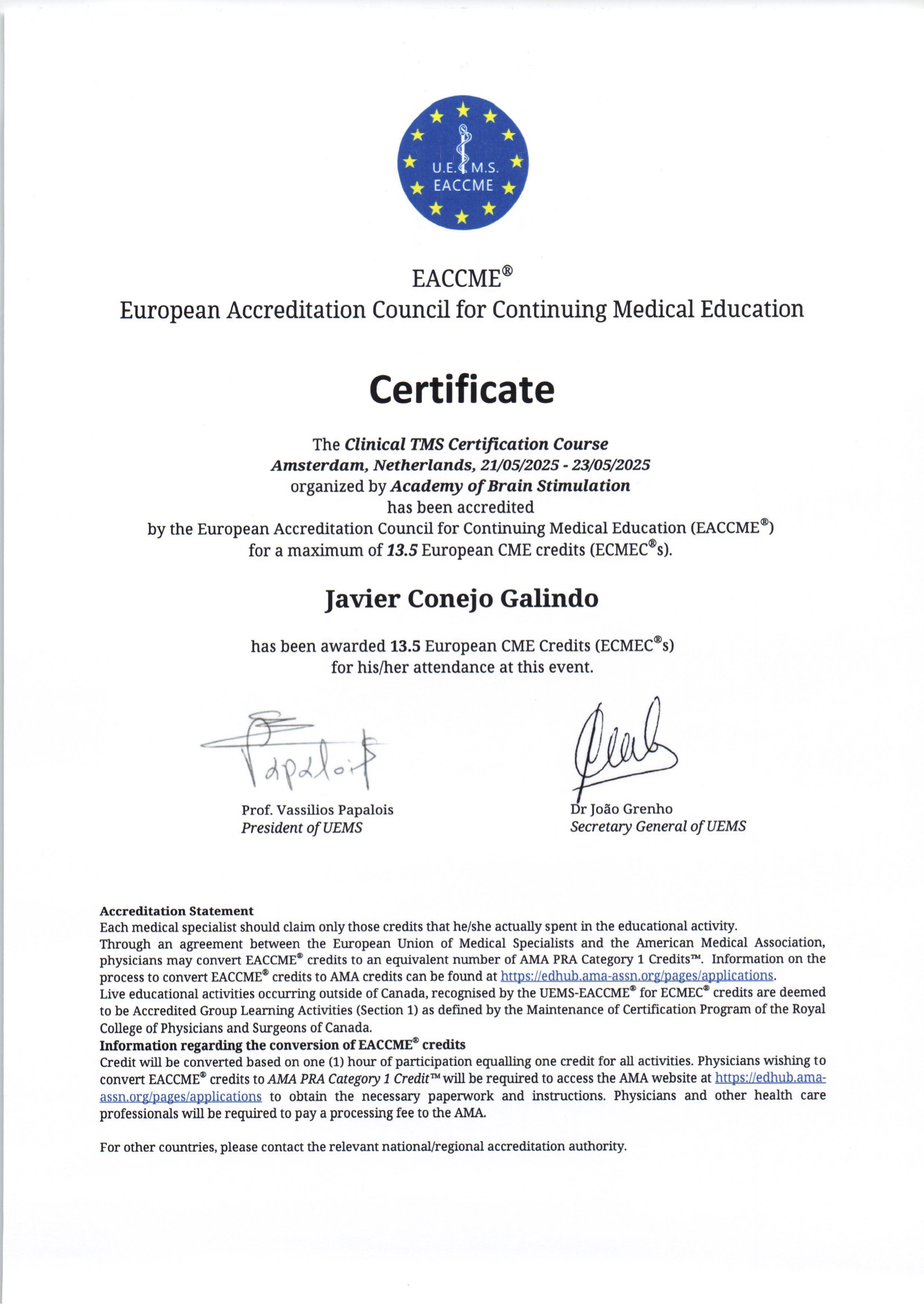 2025-05-23 TMS Course Acreditation CME Certificado de formación en Estimulación Magnética Transcraneal del Dr. Javier Conejo Galindo