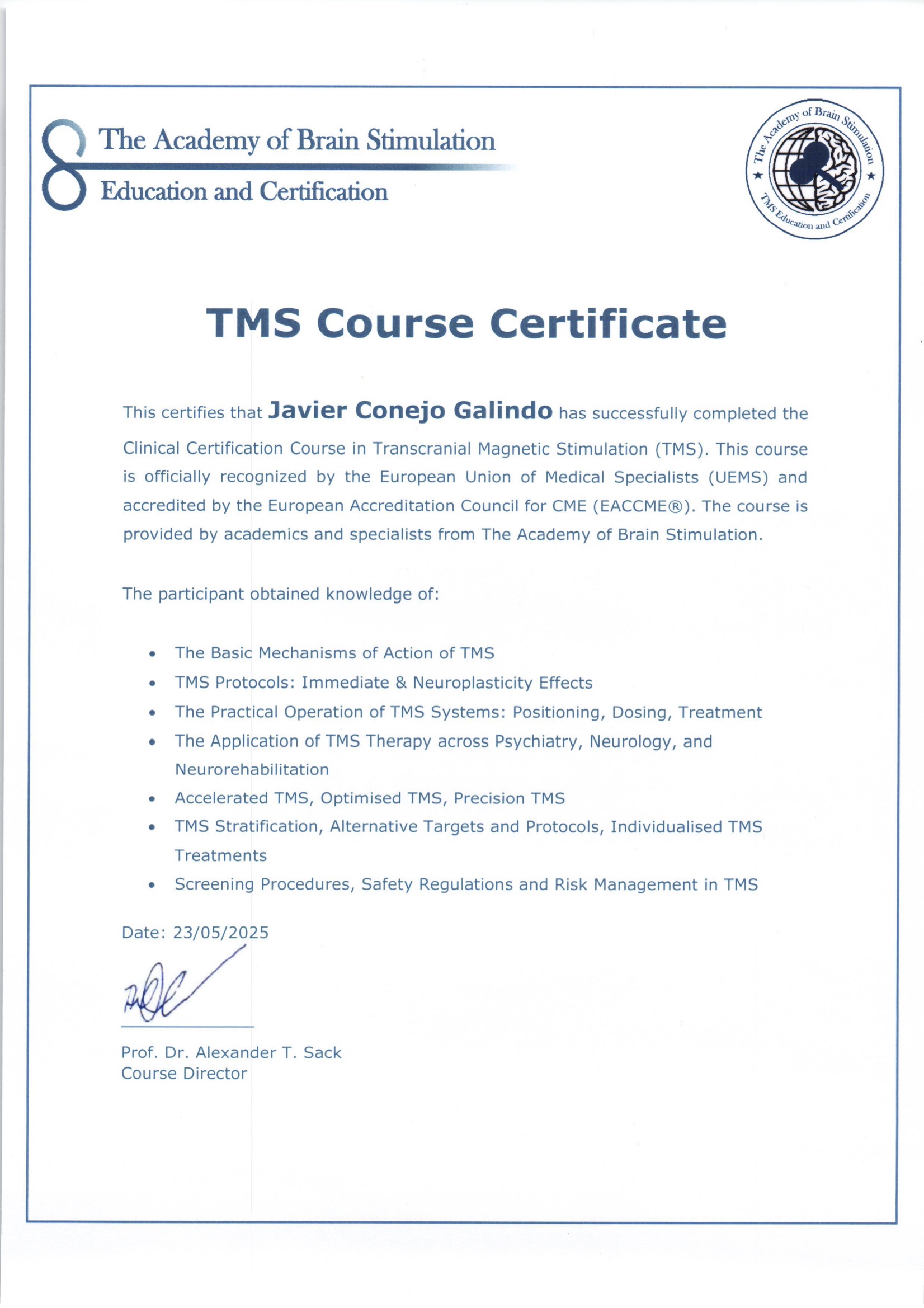 certificado-tms-javier-conejo-galindo-academy-brain-stimulation Acreditación en Estimulación Magnética Transcraneal de Javier Conejo Galindo.