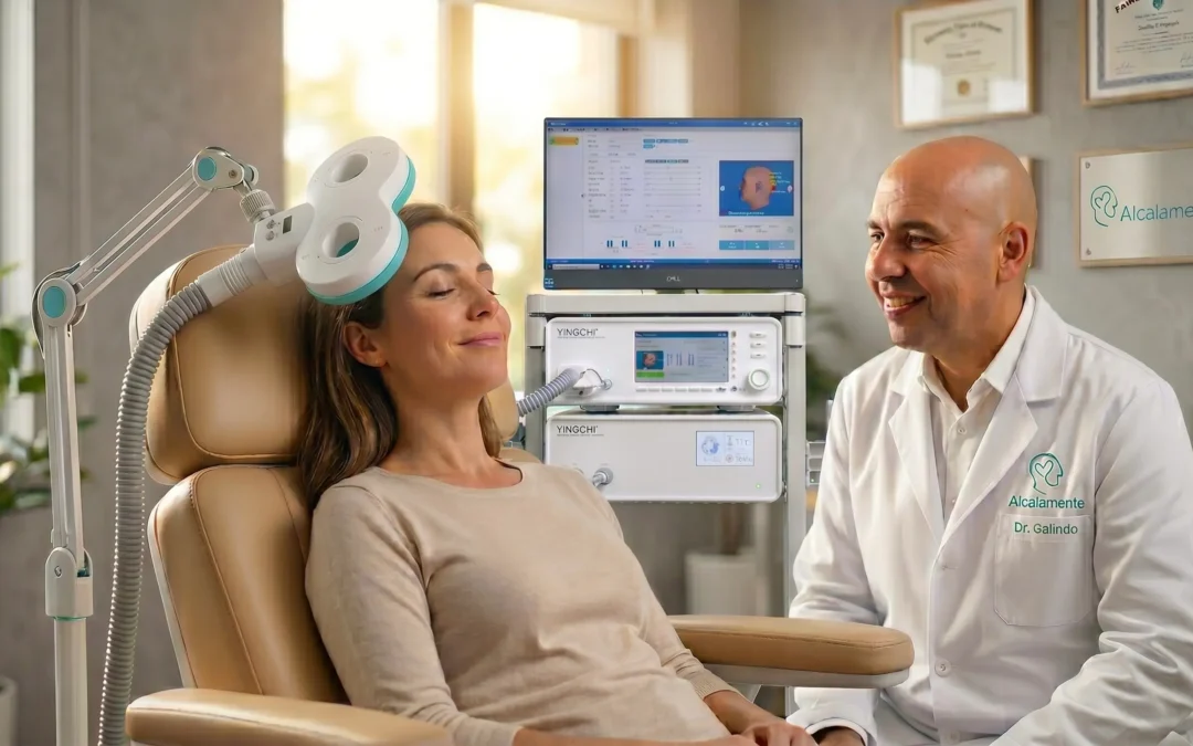 Paciente relajada recibiendo tratamiento de Estimulación Magnética Transcraneal (EMT) en la clínica Alcalamente