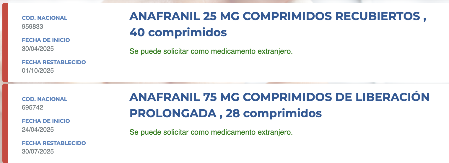 Información sobre desabastecimiento y fecha restablecimiento de Anafranil 25mg y 75mg.