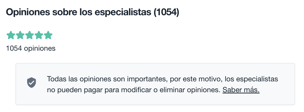 Captura de pantalla de las más de 1000 opiniones de 5 estrellas de nuestros especialistas