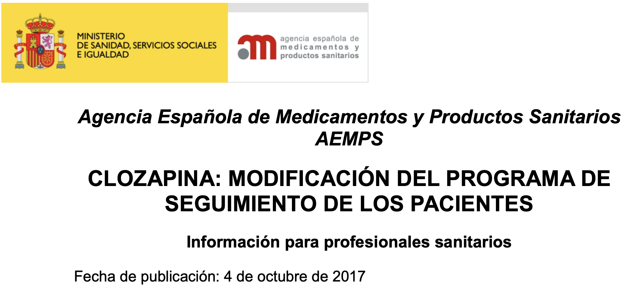 Título AEMPS: Clozapina, modificación del programa de seguimiento de pacientes
