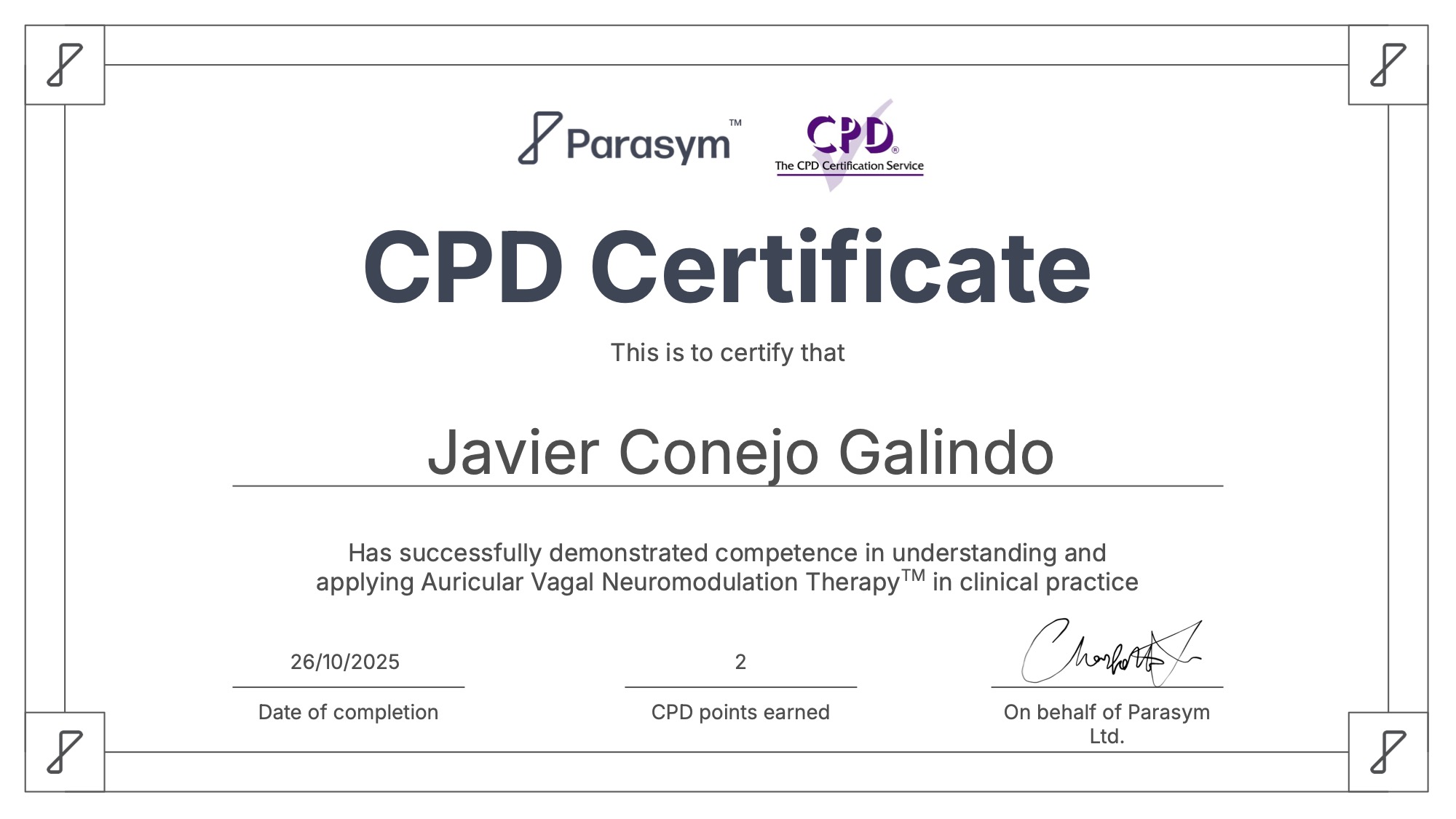 Certificado CPD Javier Conejo Galindo Neuromodulación Vagal Auricular (tVNS) para tratamientos en psiquiatría