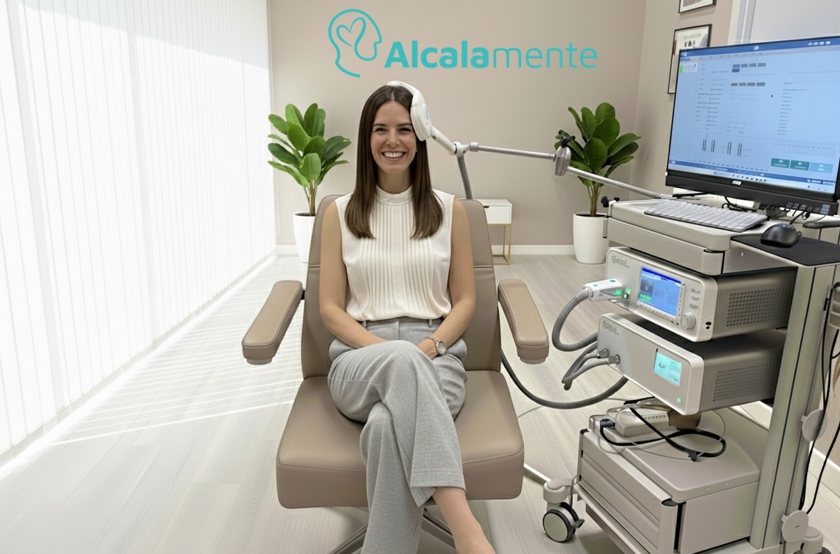 Paciente recibiendo Estimulación Magnética Transcraneal para depresión en clínica Alcalamente