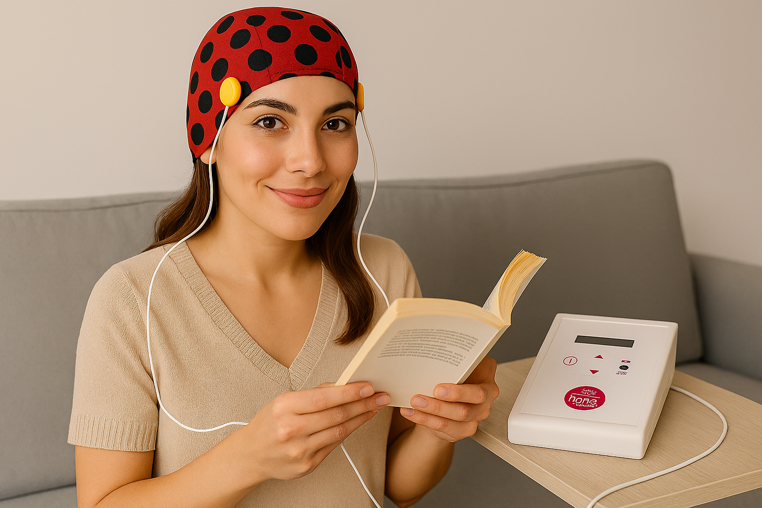 Mujer recibiendo tratamiento tDCS depresion mientras lee cómodamente en casa o clínica