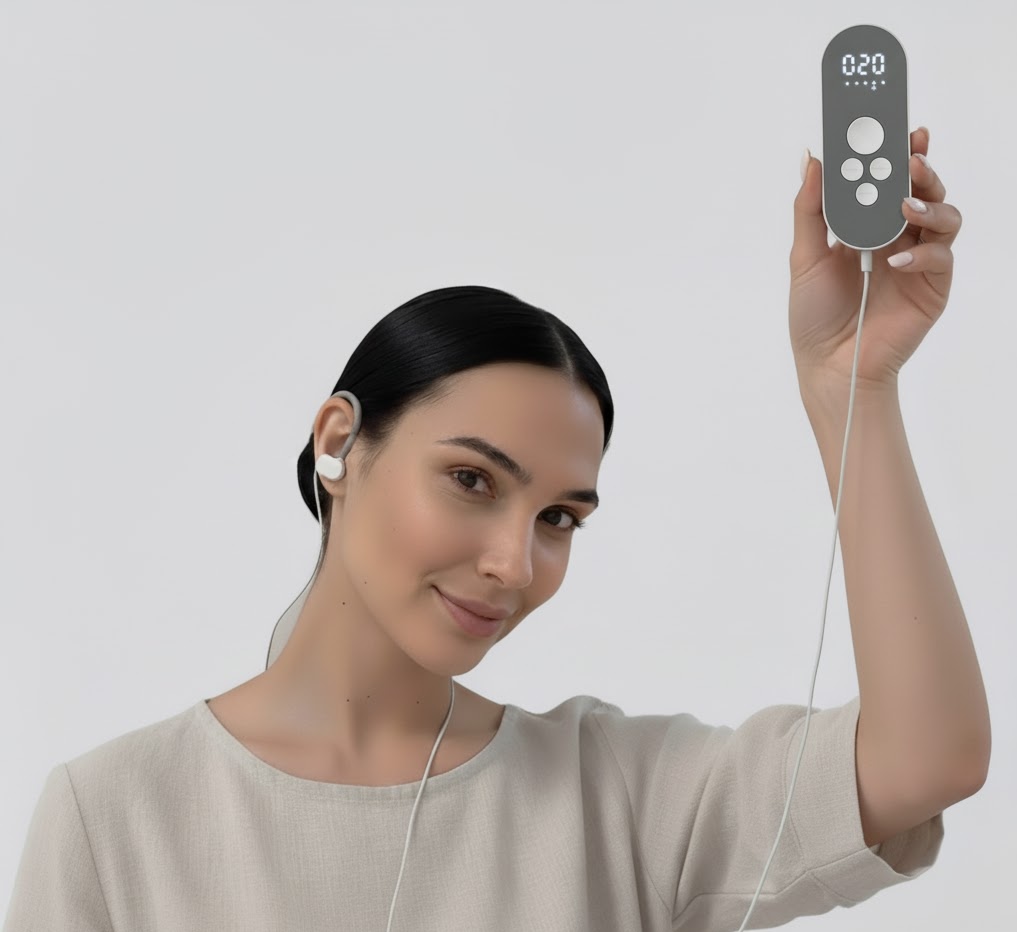 Funcionamiento sencillo del tVNS Nurosym para el bienestar emocional. Mujer mostrando el dispositivo y funcionamiento de tVNS Nurosym para terapia.