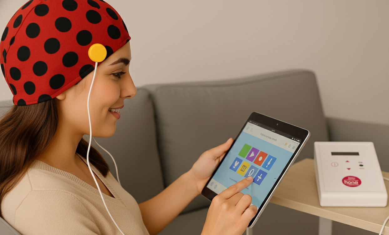 Mujer usando tDCS con gorro de electrodos mientras realiza entrenamiento cognitivo para tdah mejora cognitiva