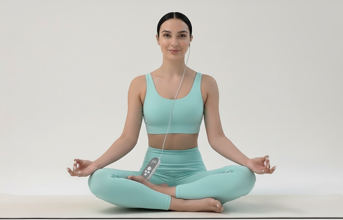 tVNS y Meditación: Potencia tu relajación contra la ansiedad con Alcalamente Mujer meditando con tVNS: Relajación profunda para la ansiedad en Alcalamente