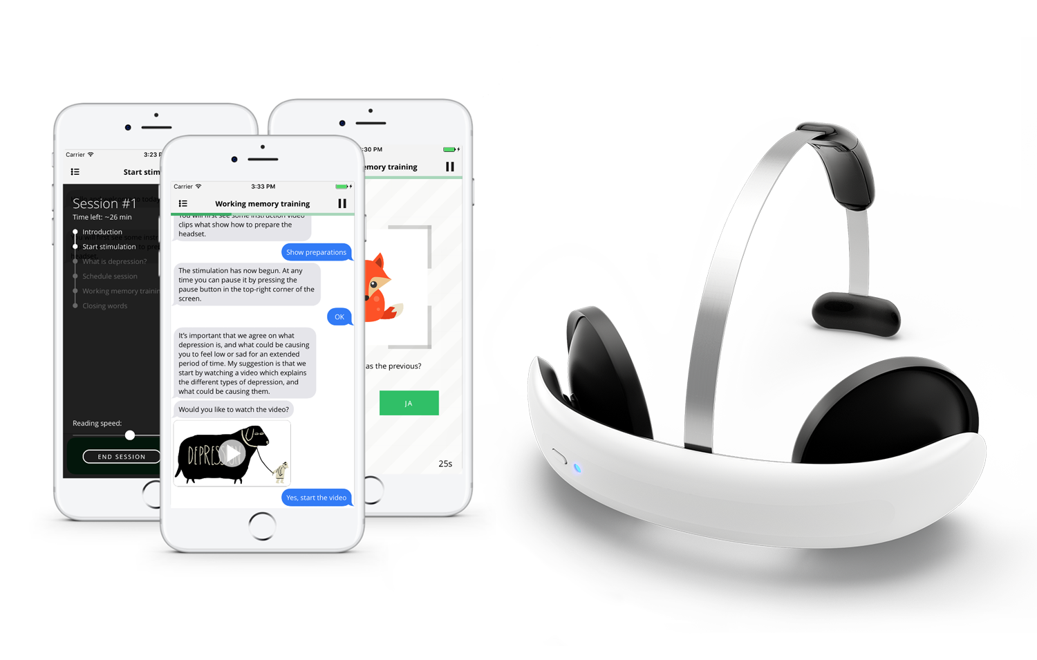 uricular tDCS Flow y aplicación móvil para entrenamiento de memoria y terapia de depresión