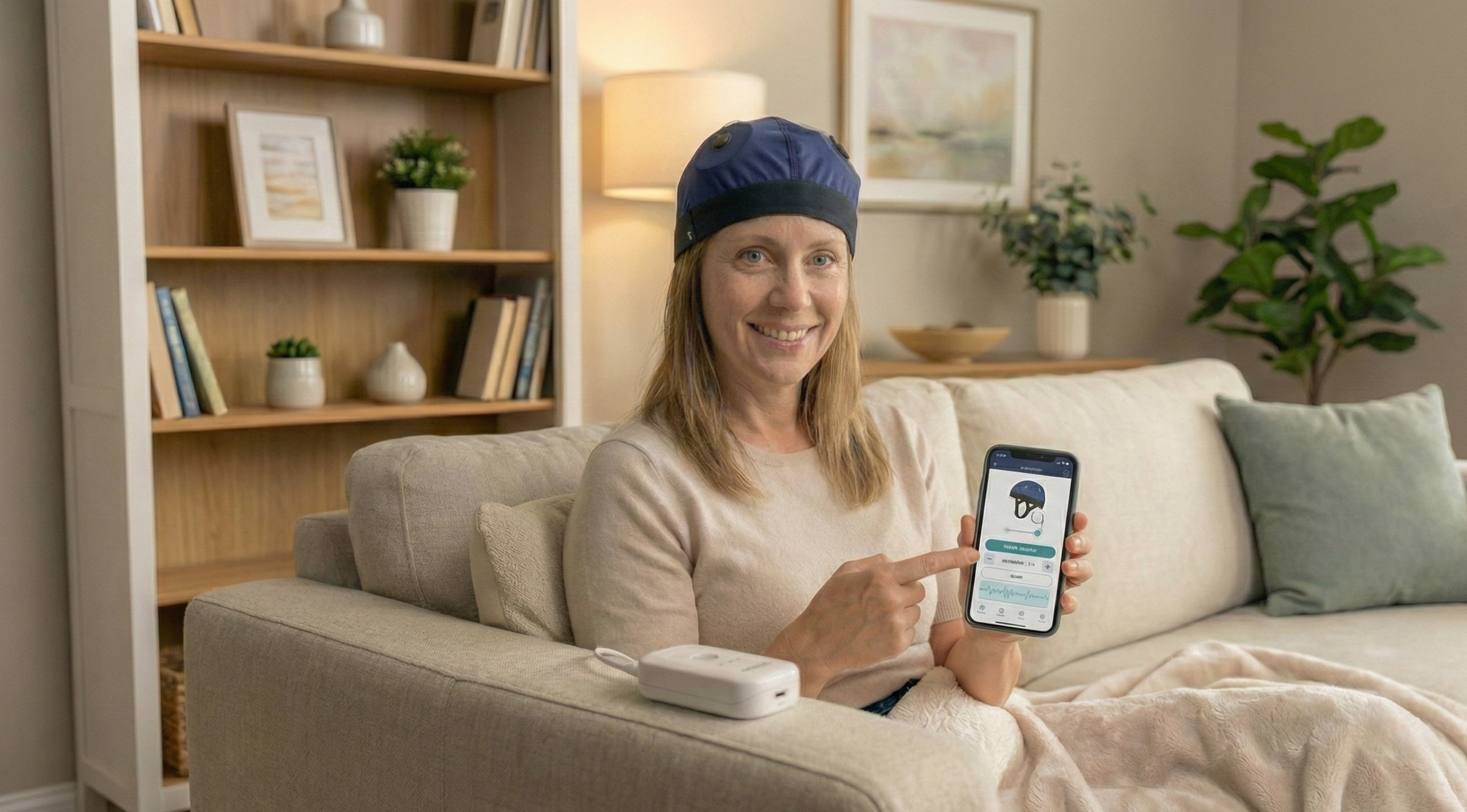Paciente sonriendo utilizando tratamiento tDCS en casa de forma segura