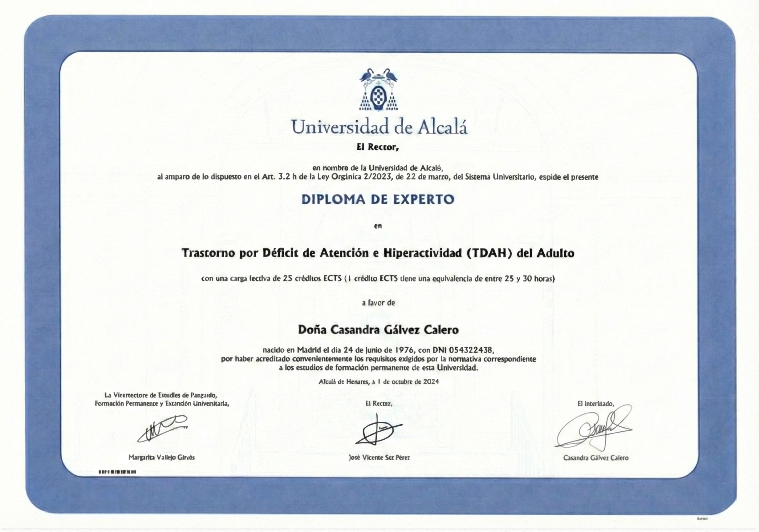 Diploma de Experto en TDAH del Adulto de la Dra. Casandra Gálvez Calero, Universidad de Alcalá.