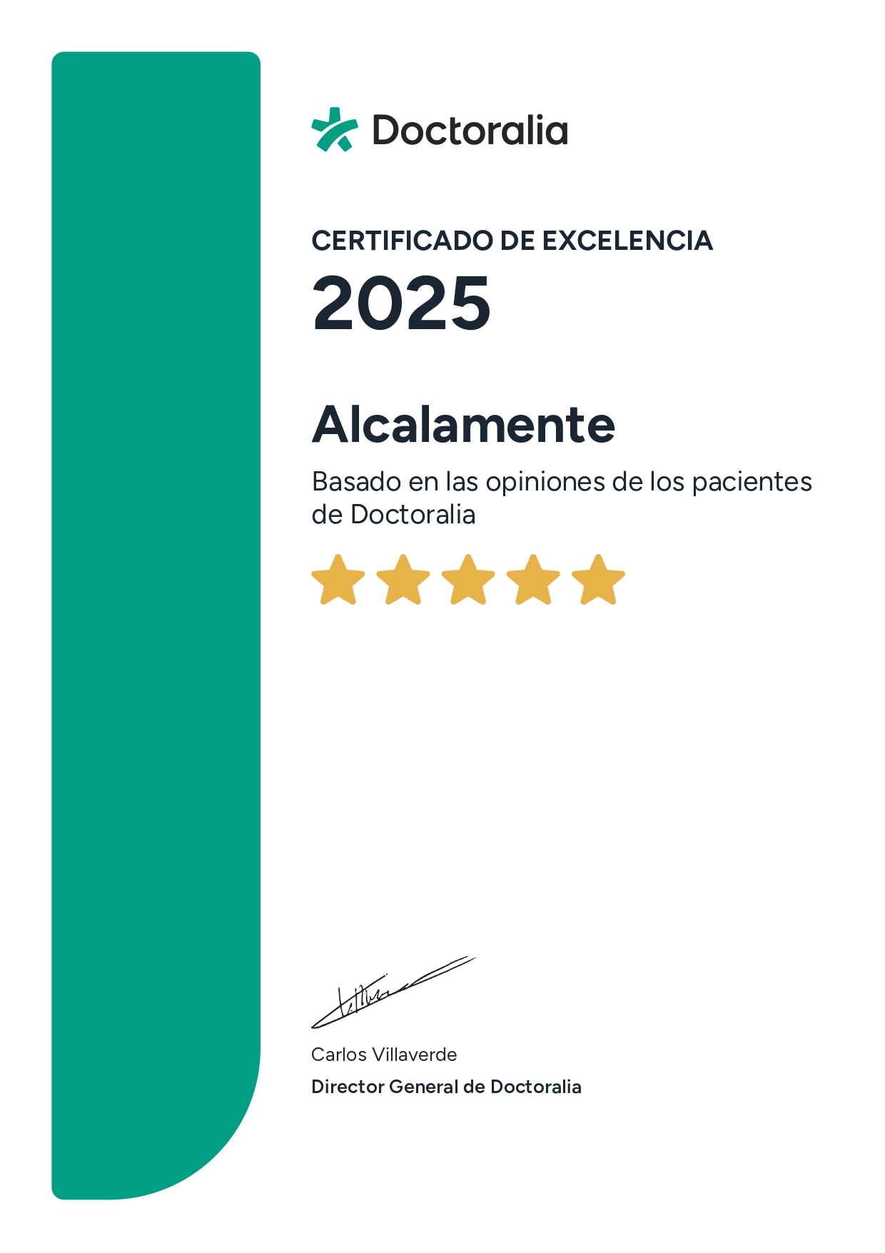 Certificado de Excelencia Doctoralia 2025 otorgado a la clínica Alcalamente