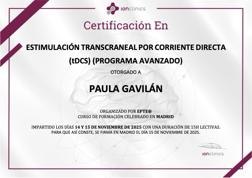 Certificación de Paula Gavilán en Estimulación Transcraneal por Corriente Directa (tDCS) Programa Avanzado.