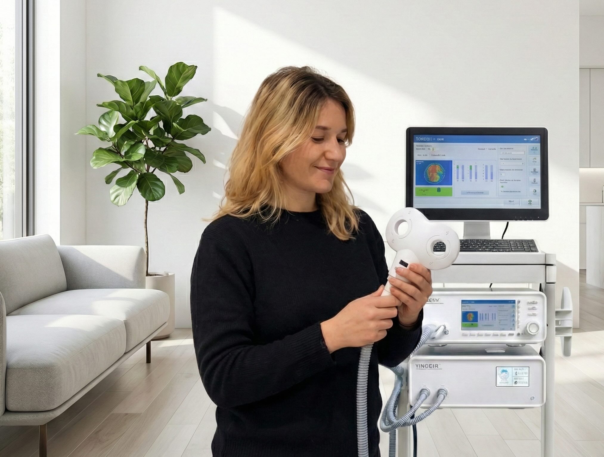 Paula Gavilán, neuropsicóloga de Alcalamente, preparando equipo de neuromodulación EMT para tratamiento.
