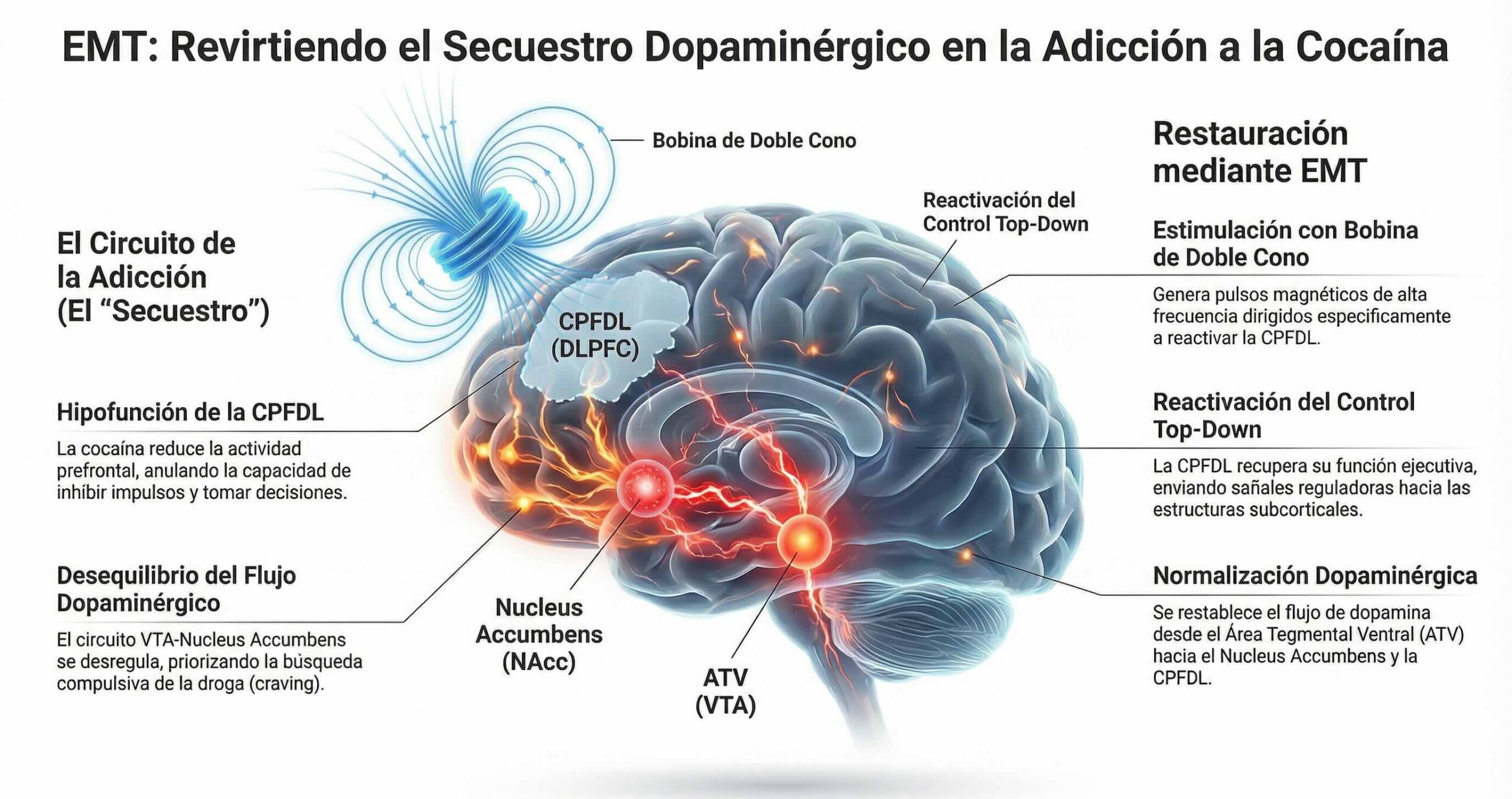 Tratamiento de adicción a la cocaína mediante Estimulación Magnética Transcraneal (EMT) y reactivación cerebral.