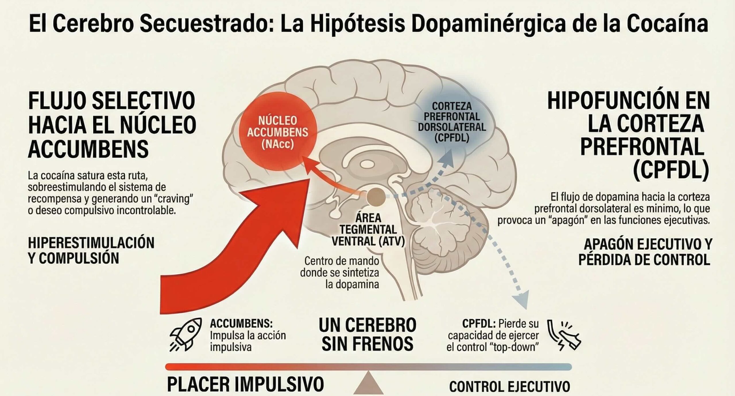 Infografía sobre el secuestro dopaminérgico del cerebro por cocaína y la pérdida de control ejecutivo.