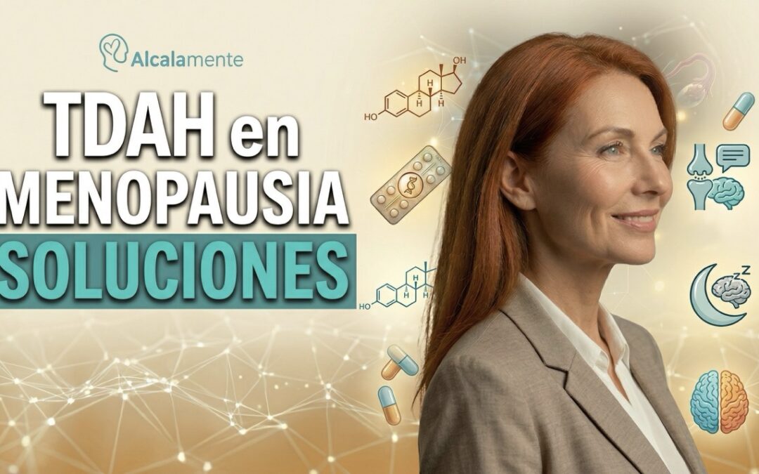 Mujer sonriente e iconos de salud mental con el texto TDAH en menopausia soluciones.