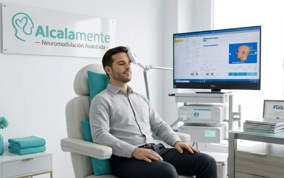 Infografía sobre las indicaciones de la Estimulación Magnética Transcraneal en la clínica Alcalamente de Alcalá de Henares, mostrando un paciente en tratamiento neurotecnológico.