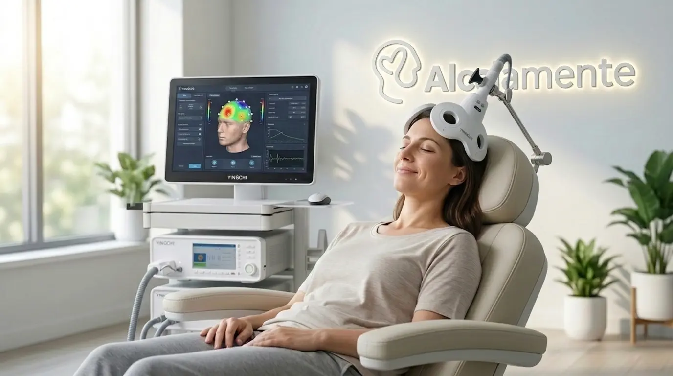 Paciente relajada recibiendo tratamiento de neuromodulación EMT para la migraña en Alcalamente, Alcalá de Henares