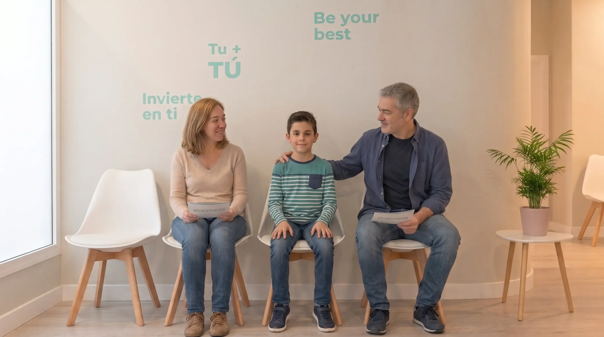 Familia en la sala de espera de la clínica Alcalamente en Alcalá de Henares, transmitiendo cercanía y acompañamiento en el tratamiento del TDAH
