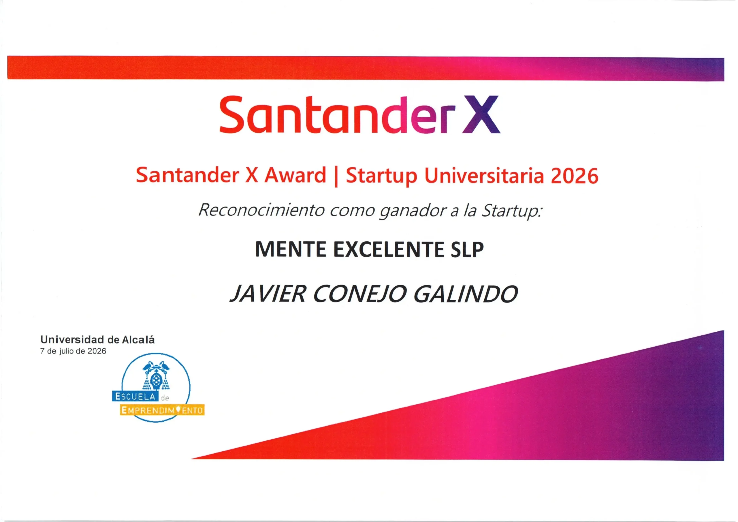 Premio Santander X Startup 2026 para Alcalamente y Universidad de Alcalá