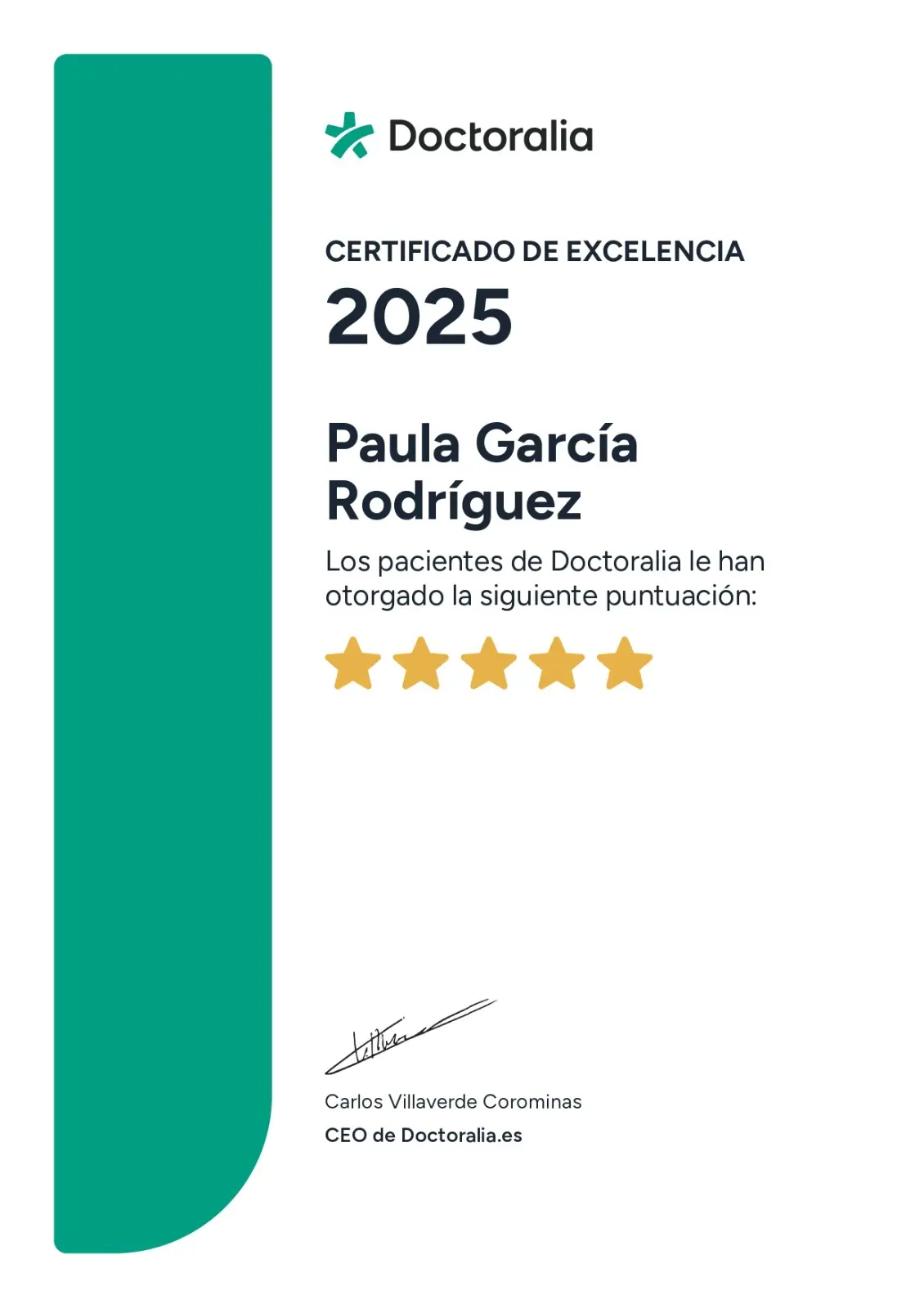 Certificado Excelencia Doctoralia 2025 - Paula García