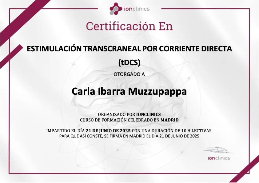 Certificado en Estimulación Transcraneal por Corriente Directa (tDCS) - Carla Ibarra