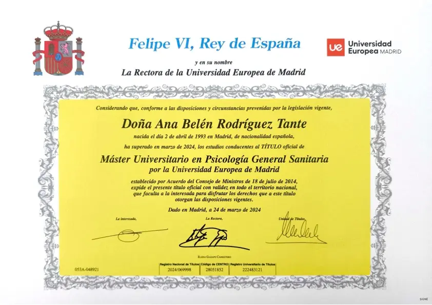 Título Máster en Psicología General Sanitaria - Ana Rodríguez