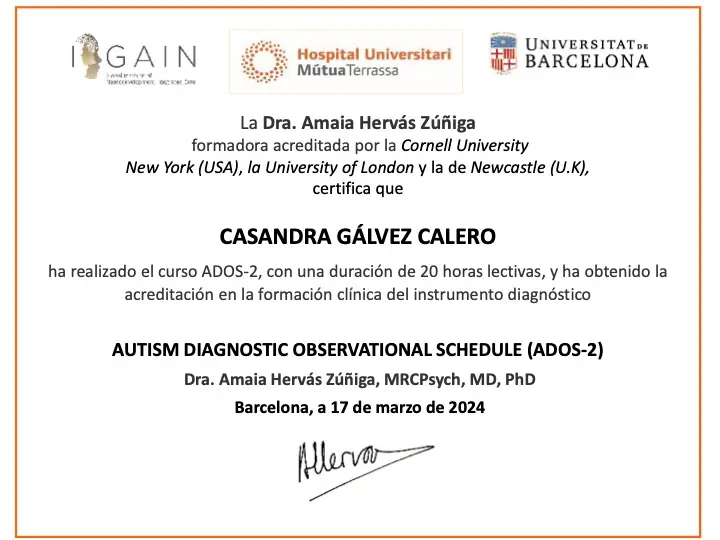 Certificado oficial en ADOS-2 para diagnóstico de autismo de la Dra. Casandra Gálvez Calero